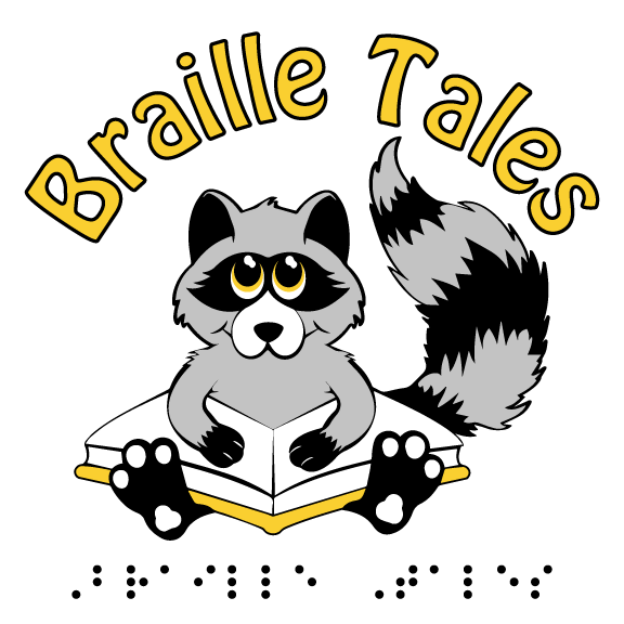 A friendly cartoon raccoon reads a print/braille book